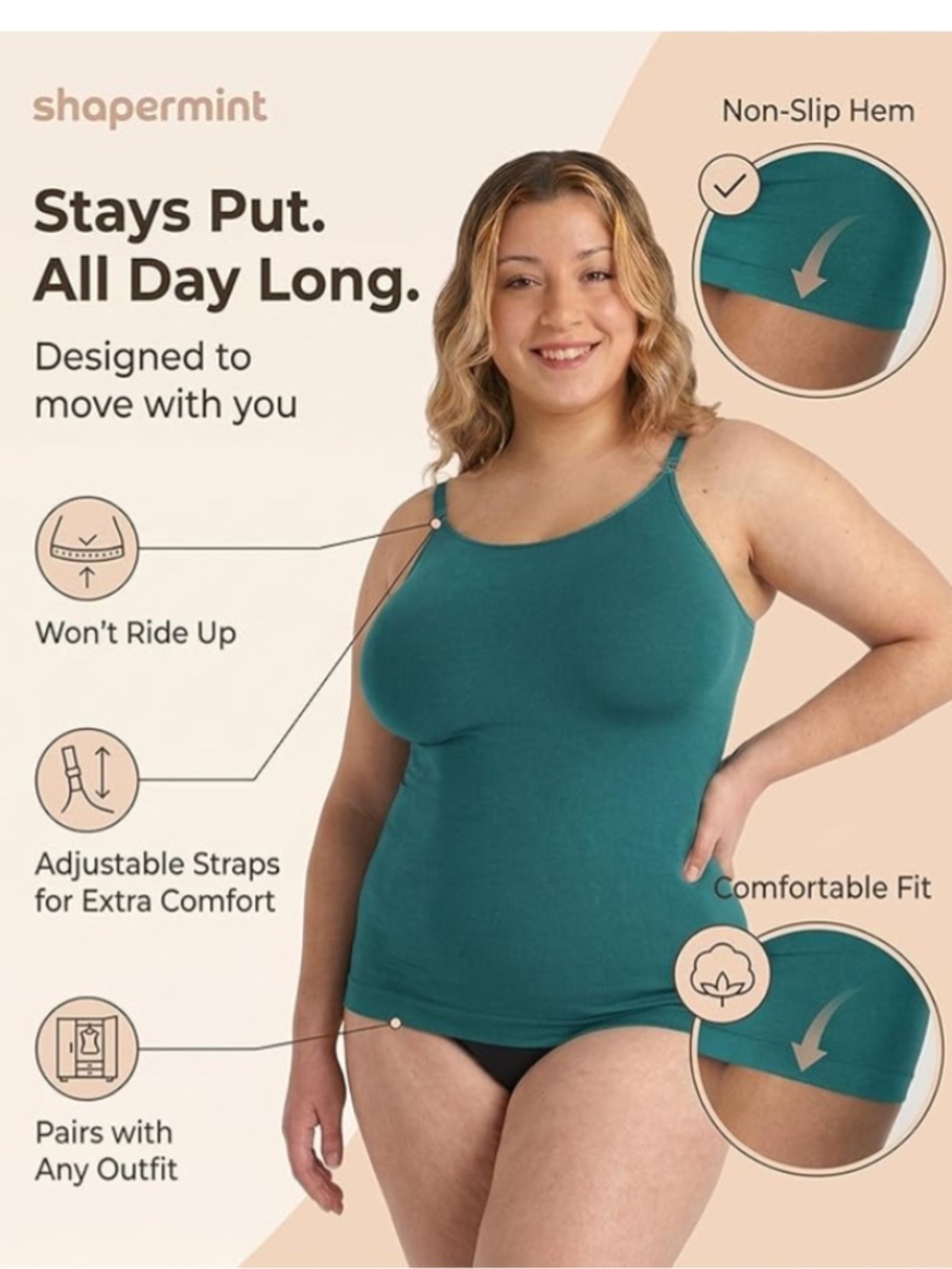 Shapermint Essentials All Day Every Day Scoop Neck Cami Sz L in Forest Green - Picture 3 of 5